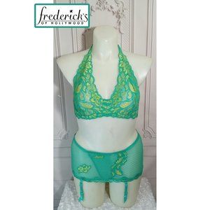 NWOT Fredrick's Of Hollywood Green Halter Bra & Garter W/Built-in Panty Set Sz L